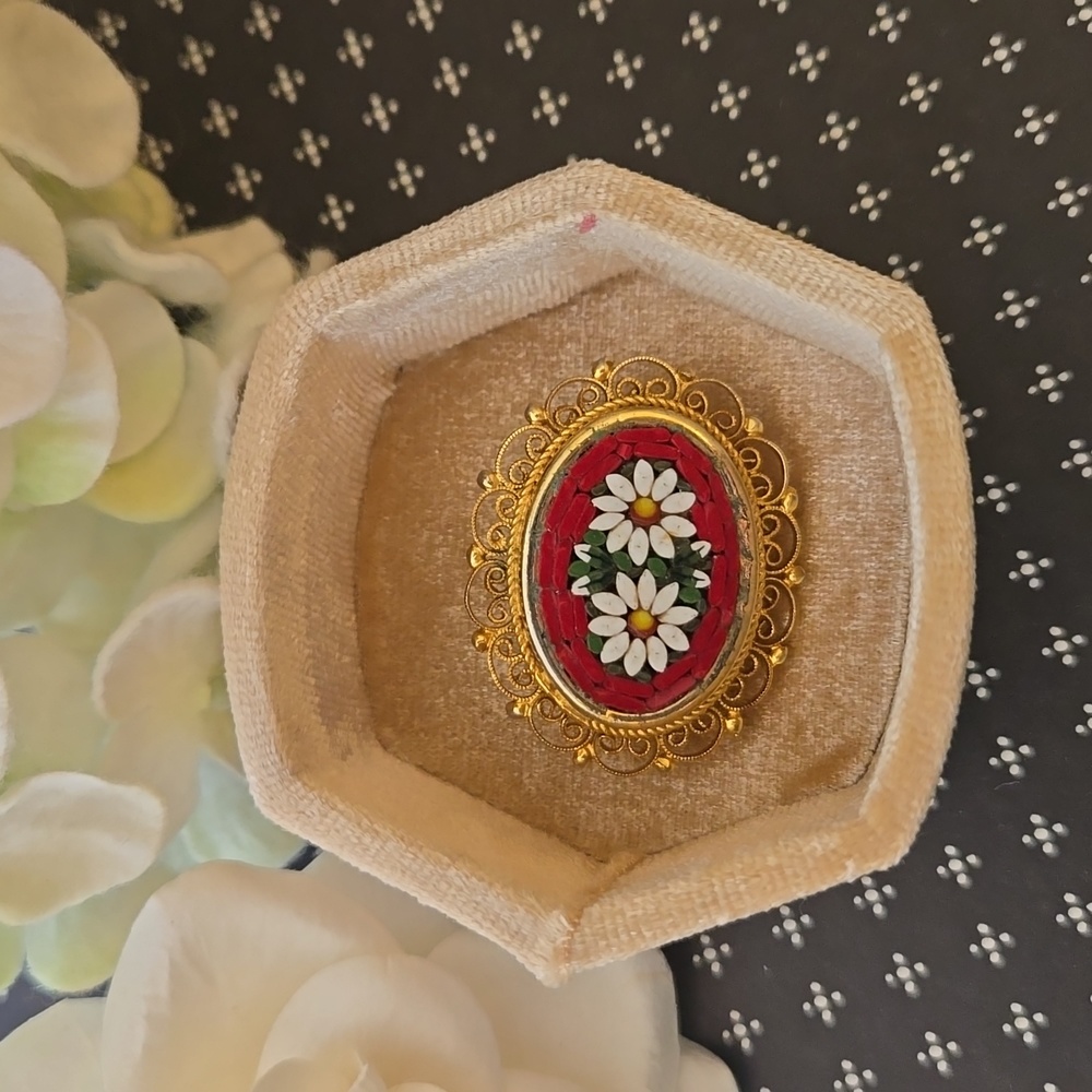 Vintage Italian Red Daisy Micro Mosaic Brooch